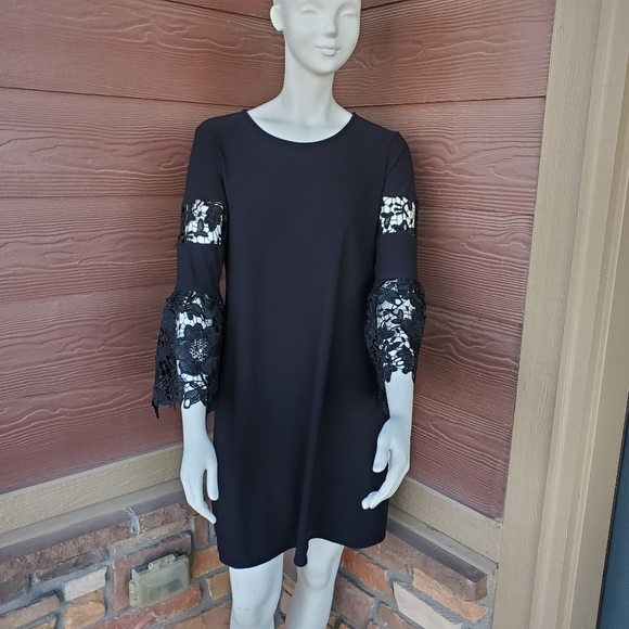 Alfani Lace Sleeve Pullover Midi Dress Size 8 Women's Black Stretch A-Line NWOT - Picture 10 of 16